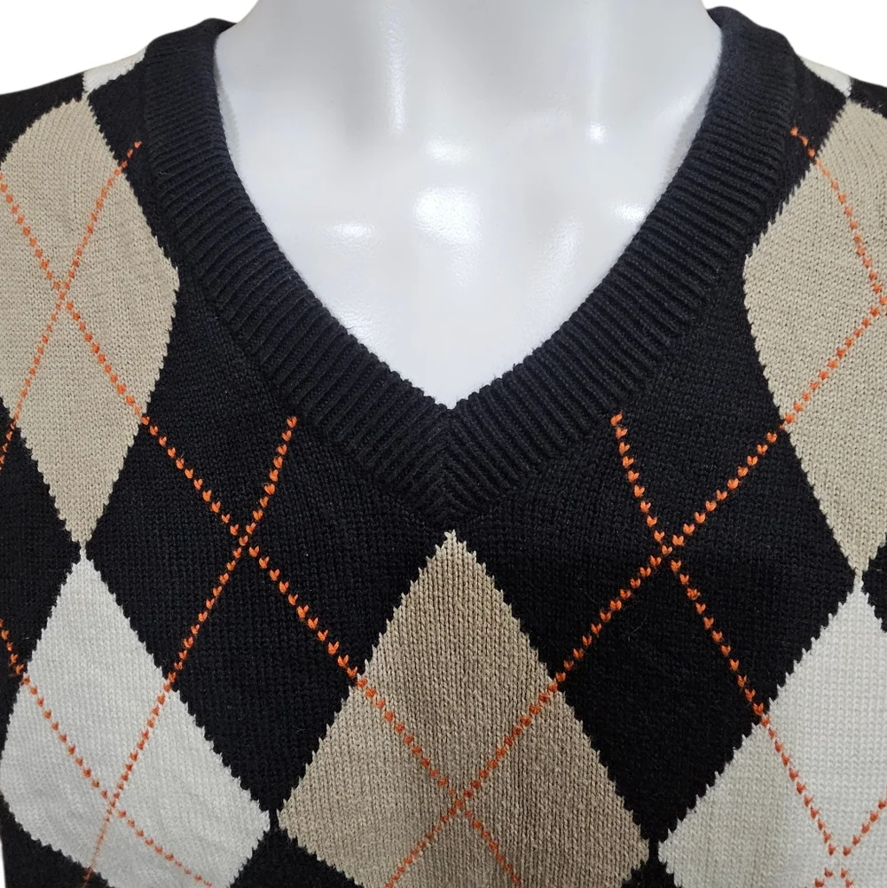 Alan Flusser Golf Argyle Sweater Vest Men’s Medium‎ Black Beige Pima Cotton